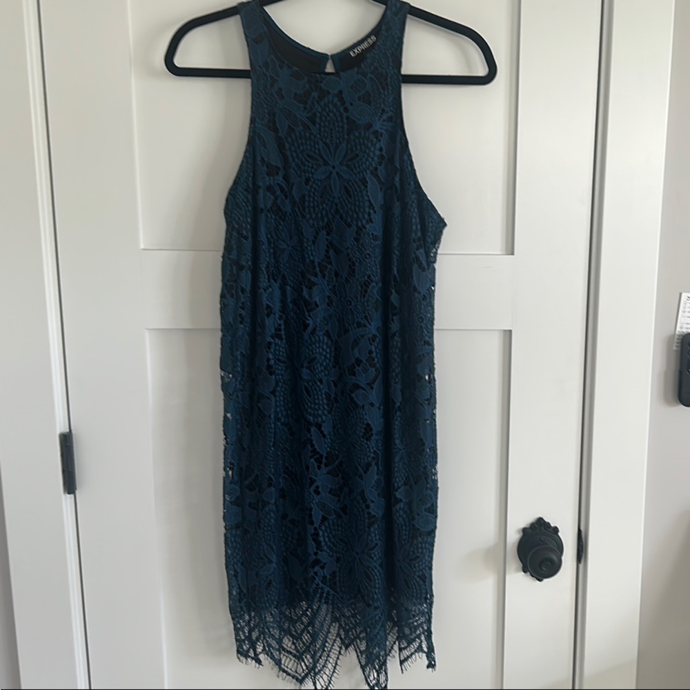 Express Blue Sheath Midi Dress Halter Sleeveless